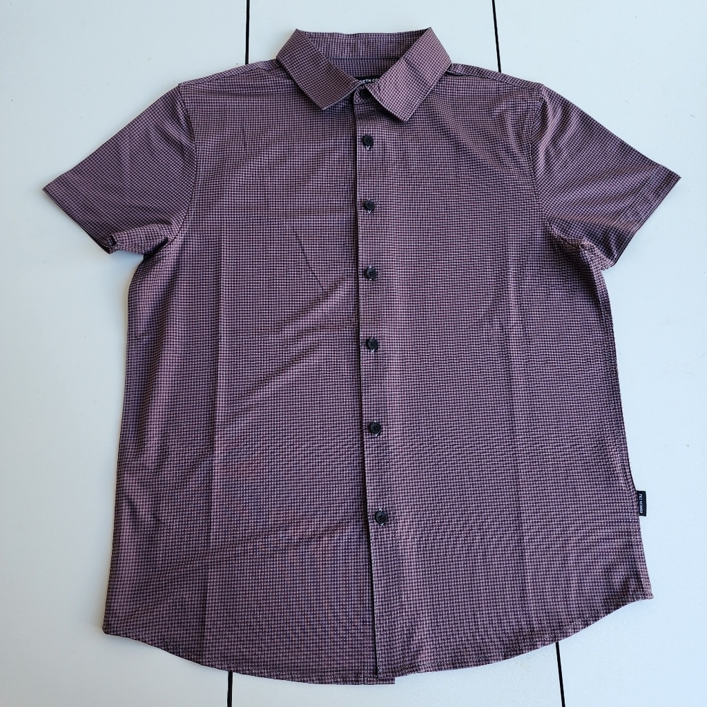 Kenneth Cole Stretch Short Sleeved Button Up Shirt Maroon Gray Gingham Plaid S